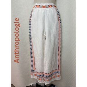 Anthropologie Embroidered Wide Leg Pants Boho Linen White Orange Size 2